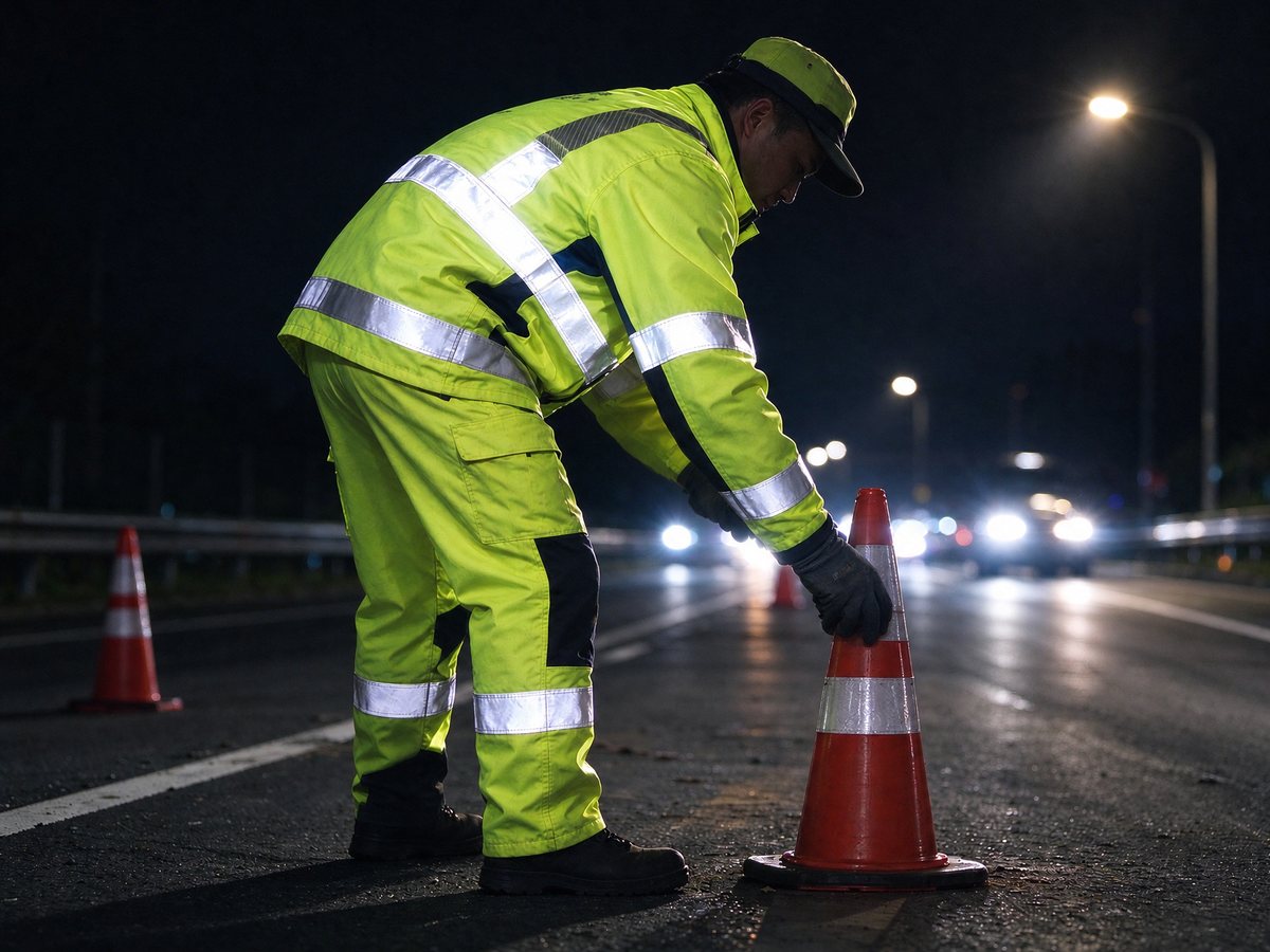 夜间公路旁，身穿荧光黄高可视工装、带反光条的作业人员与锥筒