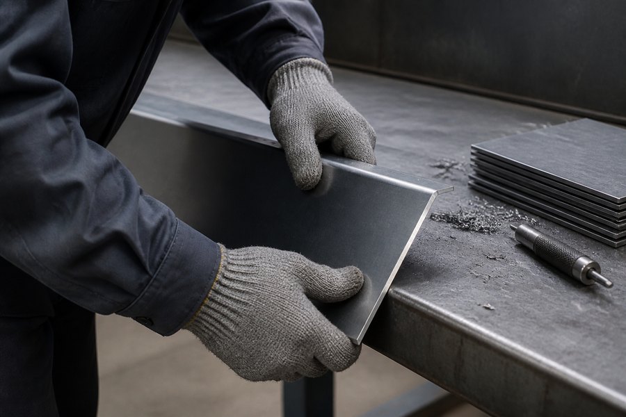 Gloved hands handling a sharp-edged sheet-metal panel